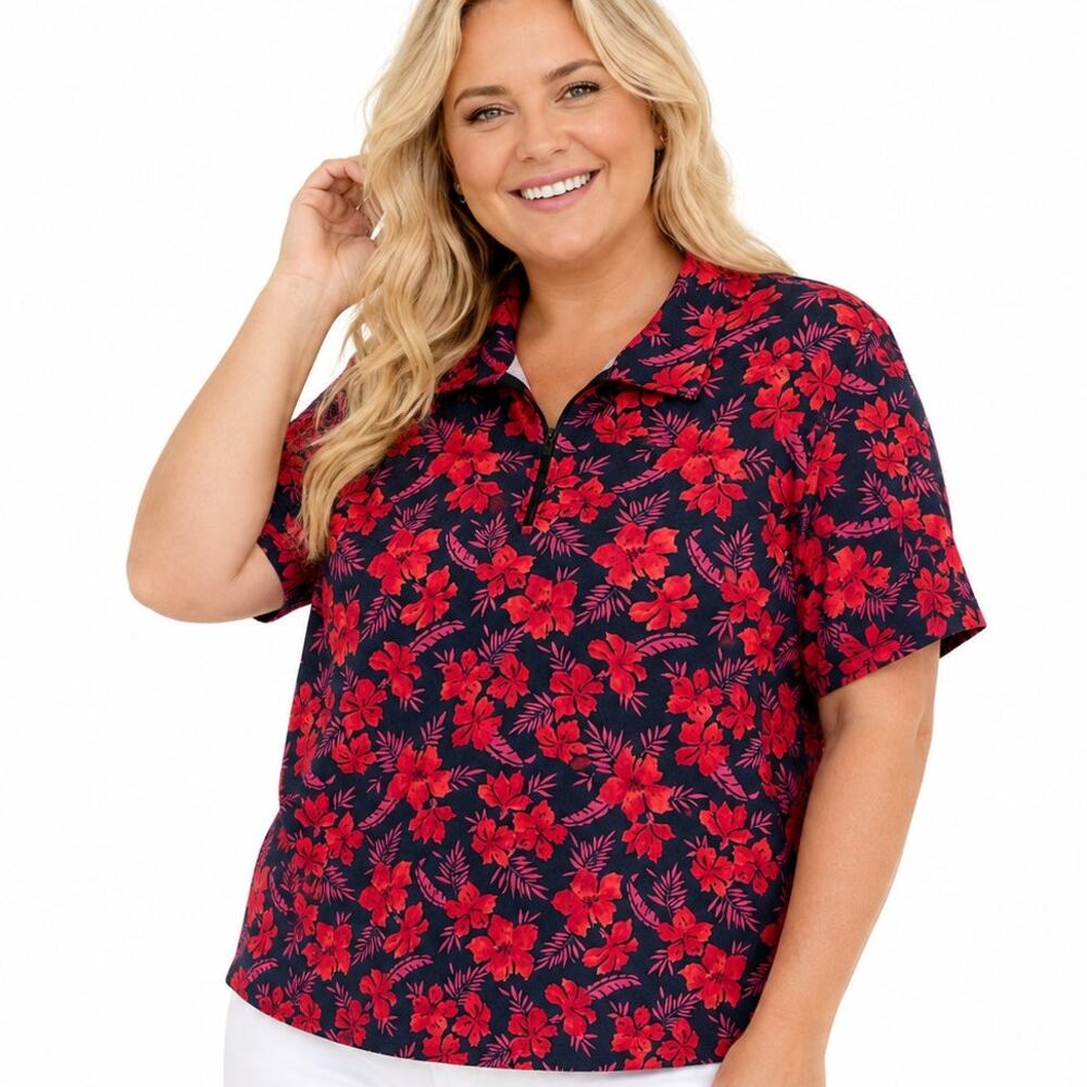 Lands End Quarter Zip Polo Shirt Womens Size 2X Colorful Tropical Aloha Top